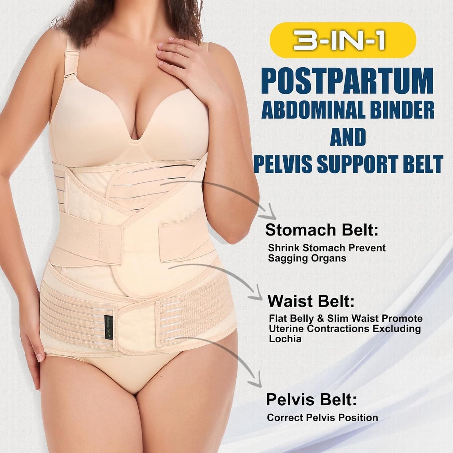 3 in 1 Postpartum Support - Recovery Belly/Waist/Pelvis Belt Shapewear Slimming Girdle, Beige, L for Posture Correction